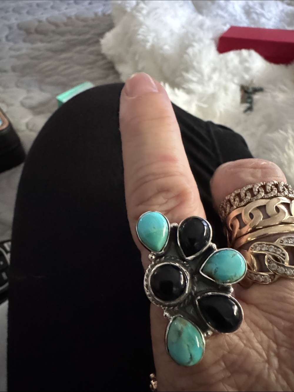 Turquoise and onyx sterling silver adjustable Ring - Women Jewelry